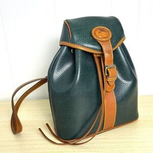 Dooney & Bourke Backpack Dark Green Pebble Leather Tan Trim Drawstring Bag rare